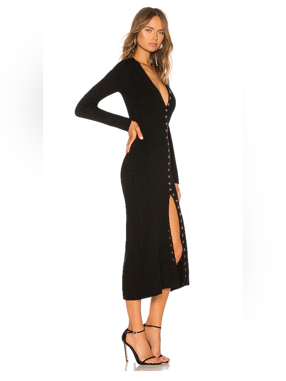LPA Kavala Black Ribbed Knit Button Front Maxi Dress